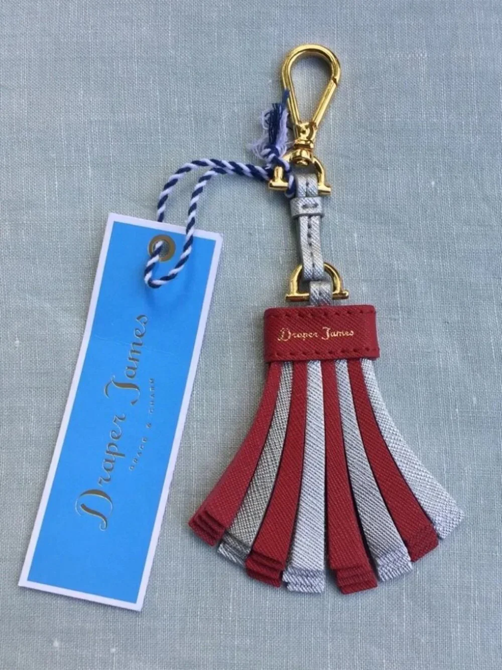 NWT Draper James silver & red leather pom pom key fob keychain